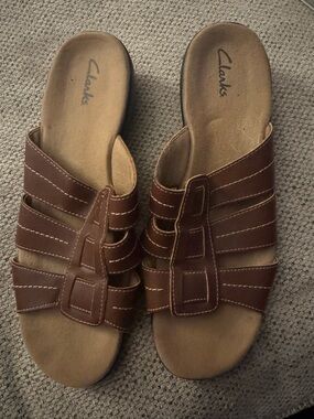 Clarks Brown Leather Slide Sandals